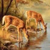 Tranquil Forest Friends Diamond Painting Set from the Nature Series. This beautiful image shows two gentle deer drinking from a peaceful forest lake, reflecting a calm, serene woodland scene. It's a perfect project for adults seeking mindfulness and makes for a relaxing bedroom decor piece.